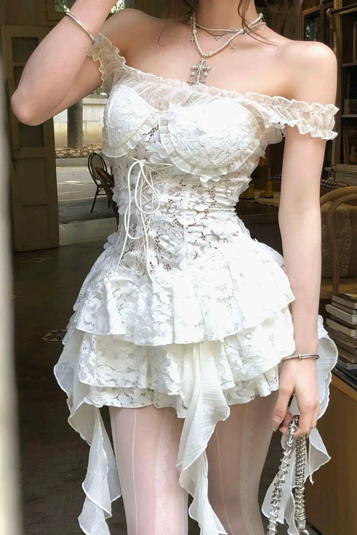 White Lace Off Shoulder Slip Chic Y2K Vintage Mini Dress