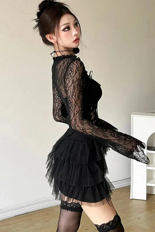 Dark Academic Lace Patchwork Mini Dress