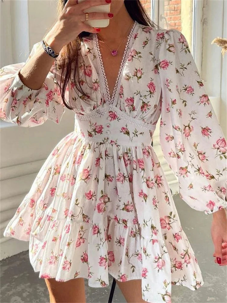 Floral Lantern-Sleeve Mini Dress