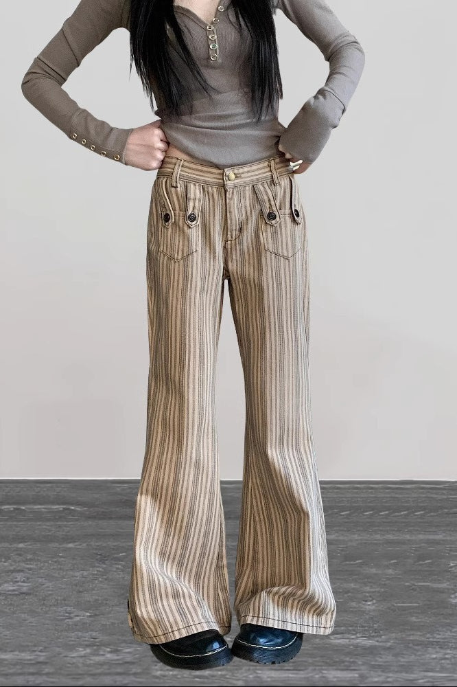 Low Waist Micro Flare Khaki Striped Y2K Slim Jeans