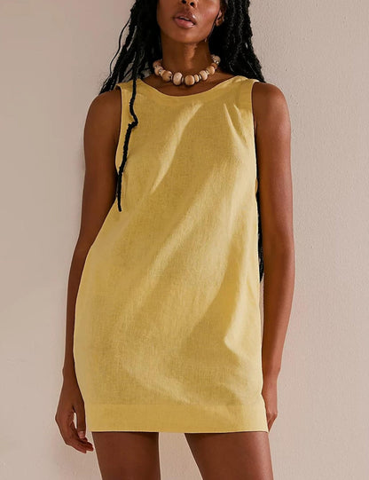 Hollow Back Cotton-Linen Mini Dress