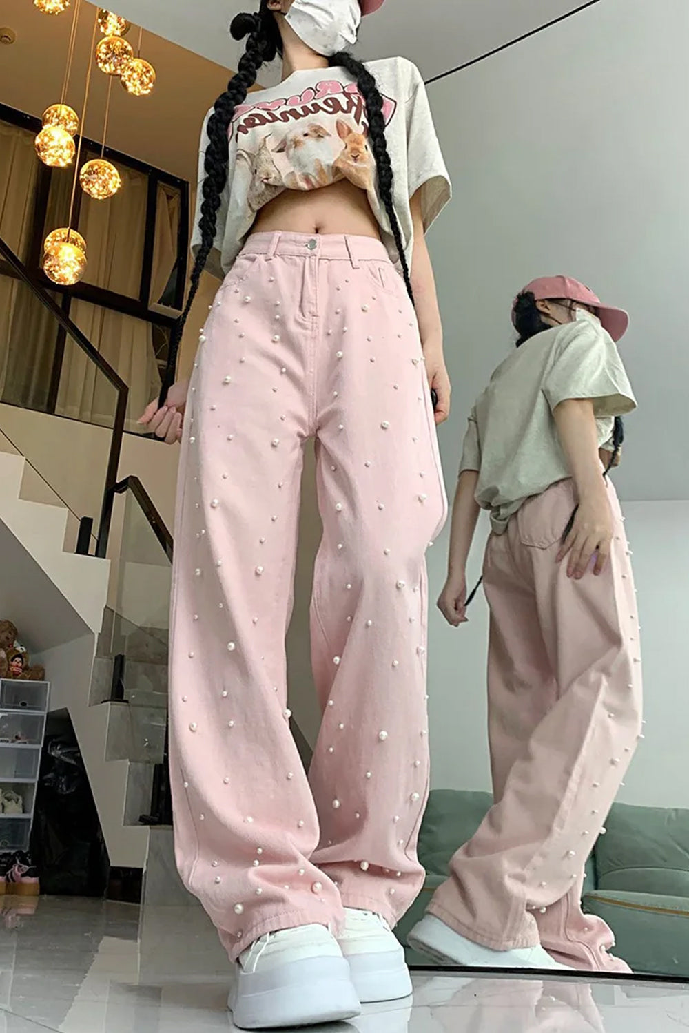High Waist Cute Pearls Beaded Pink Jeans Pants