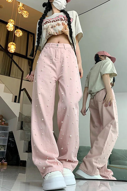High Waist Cute Pearls Beaded Pink Jeans Pants