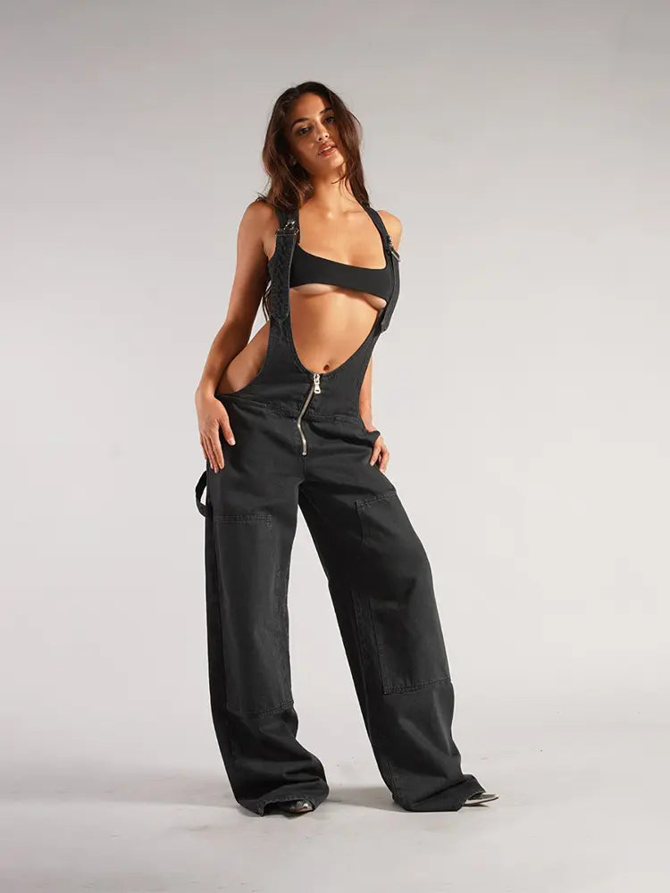 Zipper Strap Denim Jumpsuit