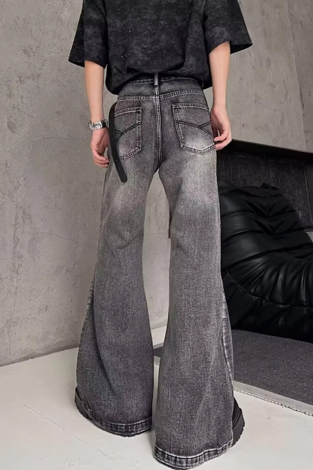 Retro Flare Style Washed Grey Jeans Pants