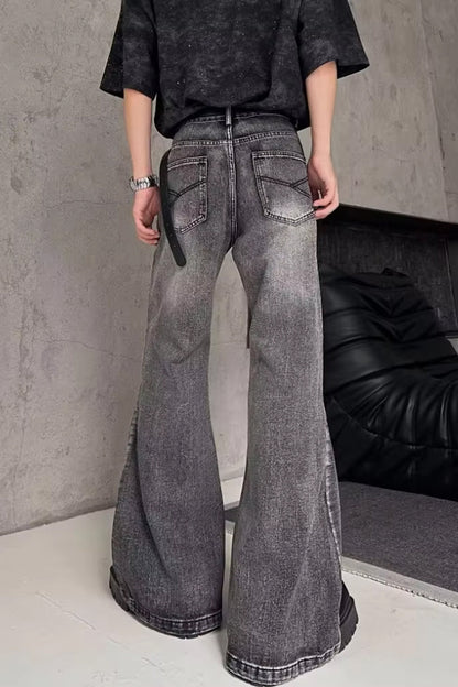 Retro Flare Style Washed Grey Jeans Pants