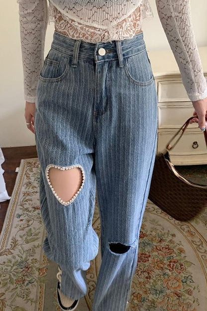 Heart Shaped Hole Jeans Pants