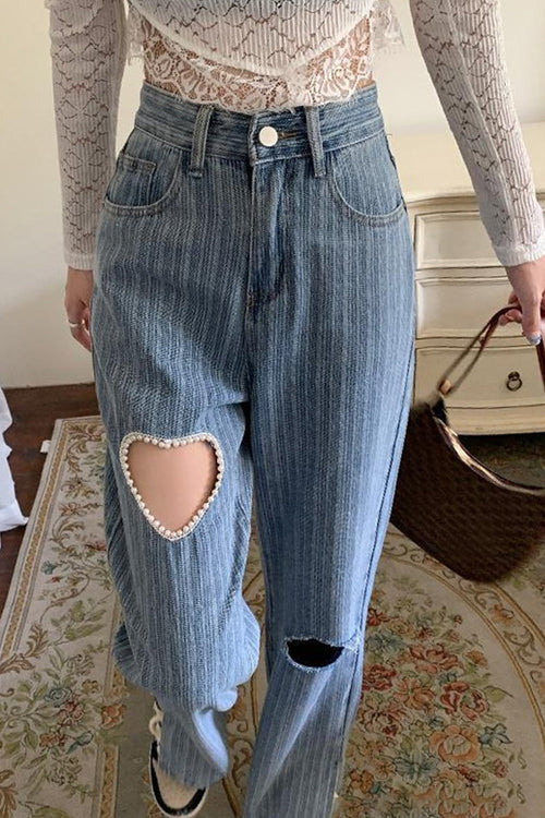 Heart Shaped Hole Jeans Pants