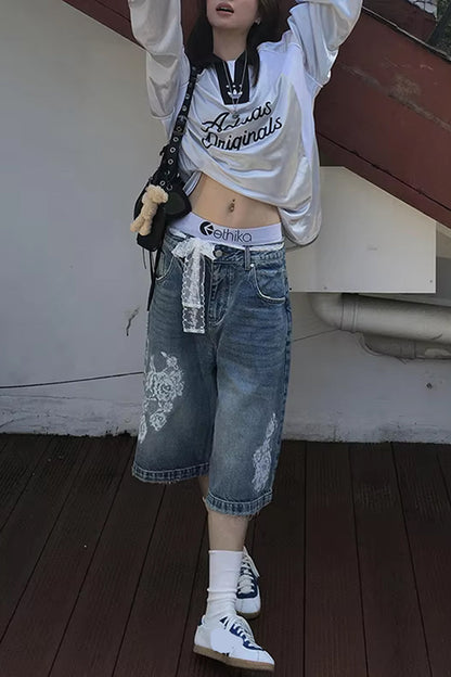 Loose Flowers Pattern Casual Denim Shorts