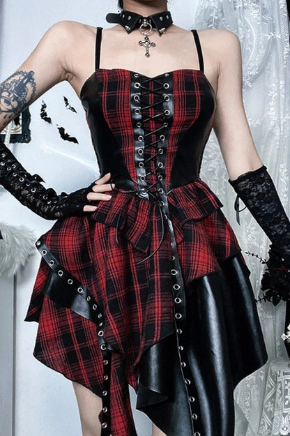 Dark AltGoth Plaid Pu Patchwork Corset Spaghetti Strap Mini Dress