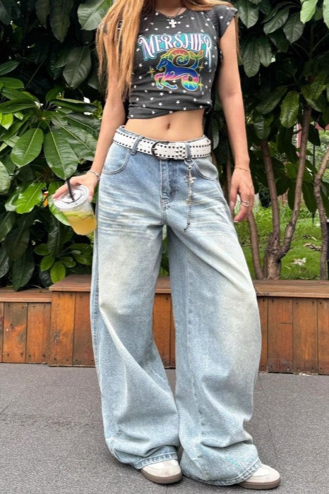 Light Blue High-Waisted Washed Wide-Leg Jeans