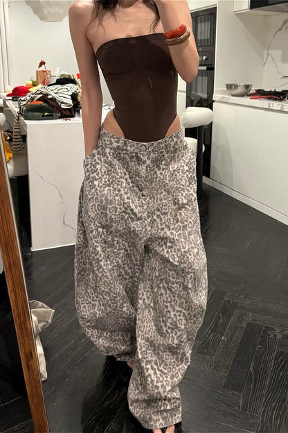 Vintage Distressed Leopard Wide-Leg Jeans