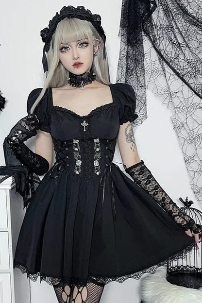 Black Gothic Bandage Corset Embroidery A-line Lolita Mini Dress