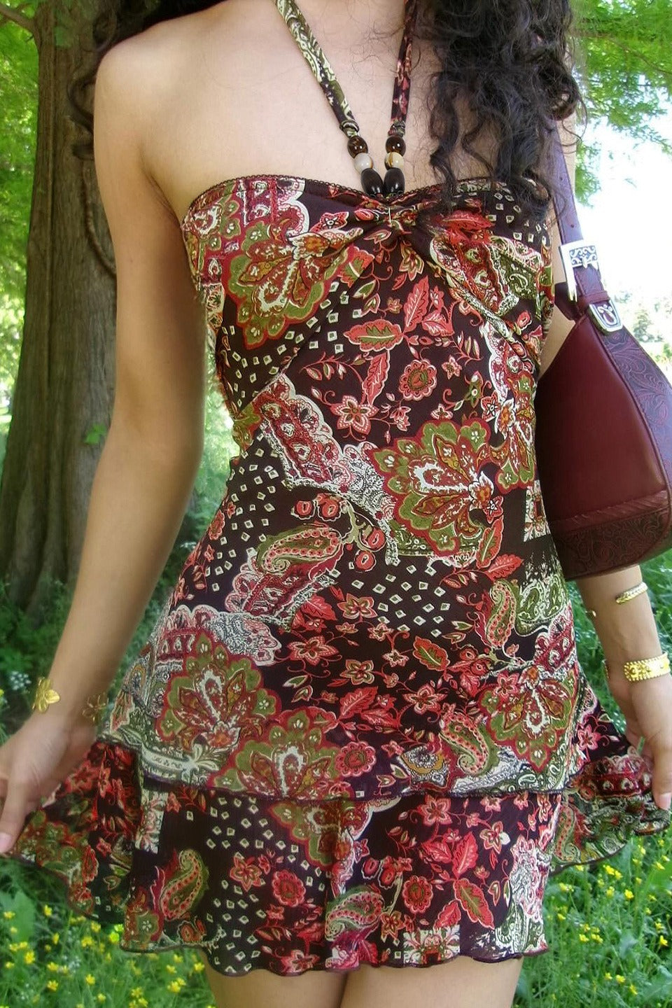 Halter Bandeau Retro Print Color Block Mini Dress