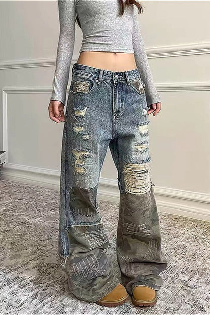 Washed Camo Patchwork Distressed Slim-Fit Jeans