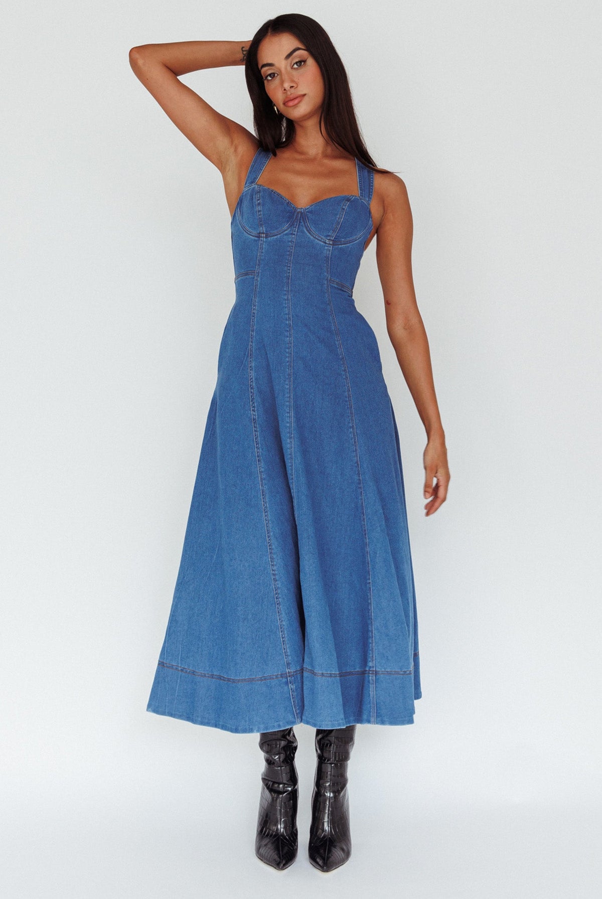Ellora Criss-Cross Back Denim Maxi Dress Navy