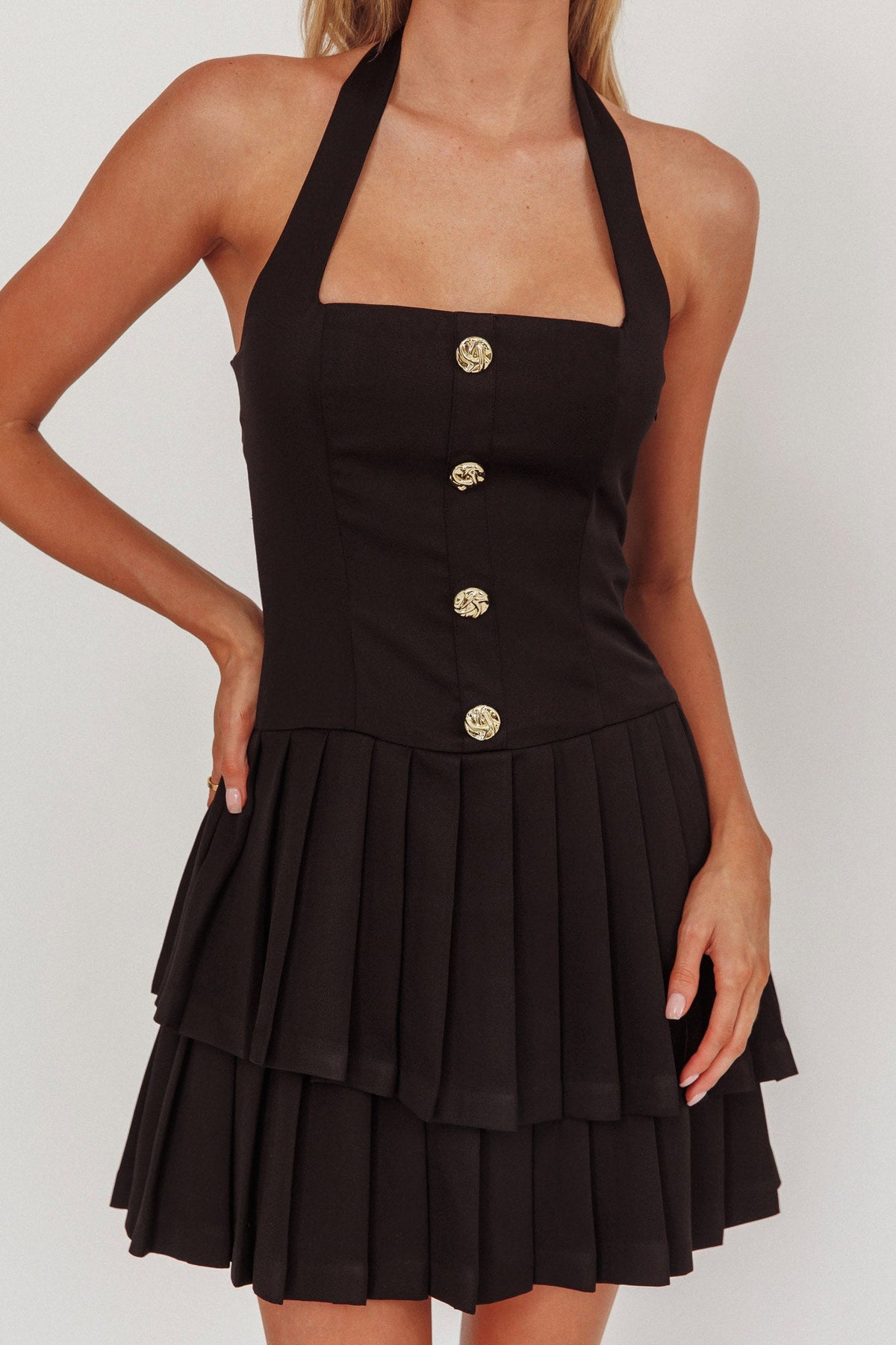 Serendipitous Halterneck Pleat Mini Dress