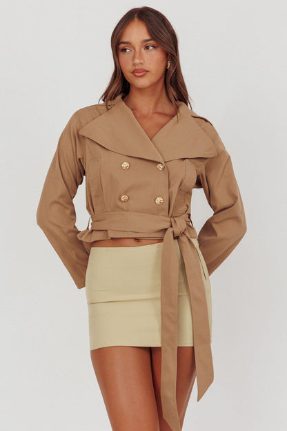 Envision Crop Waist Tie Jacket Tan