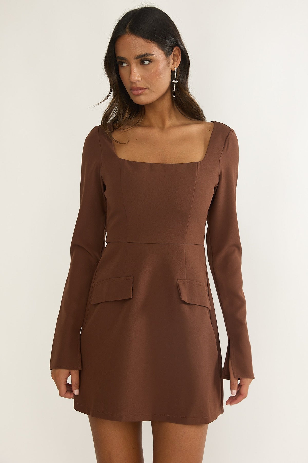 Calenne Long Sleeve Faux Pocket Mini Dress Coffee