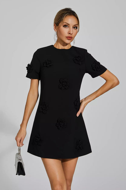 Alison Black Jacquard Floral Mini Dress
