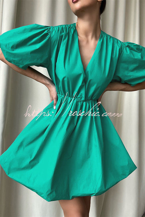 Solid Color Sexy V-neck Lantern Sleeve Waist Mini Dress