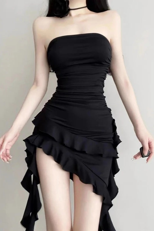 Black Strapless Backless Ruffled Irregular Mini Dress