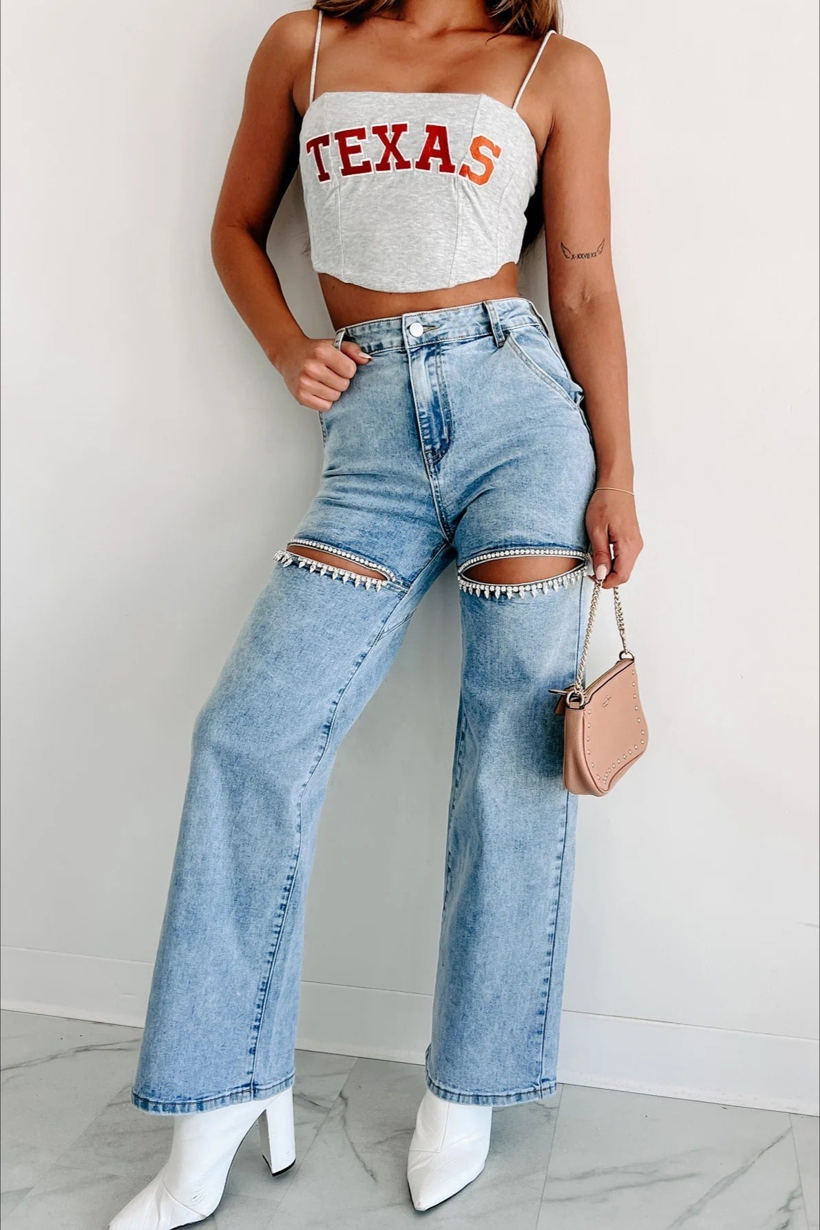 High-Waisted Washed Ripped Chain Straight Leg Jeans