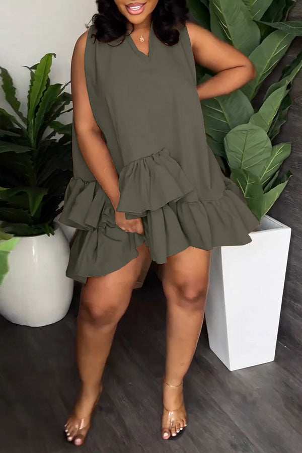 V-Neck Sleeveless Double Layer Ruffle Mini Dress (With Belt)