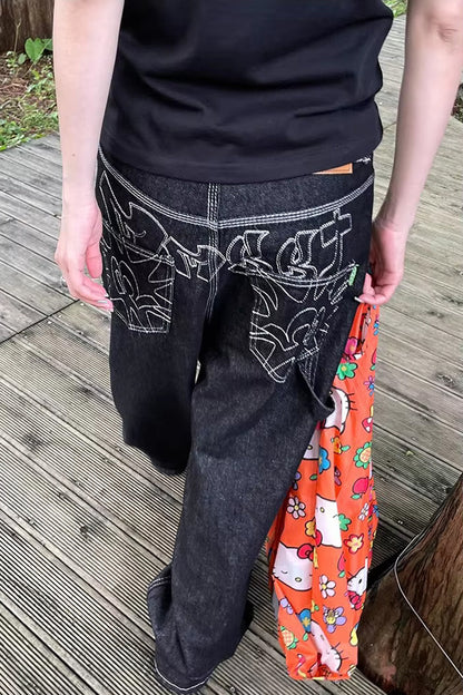 Loose Retro Back Embroidered Black Jeans Pants