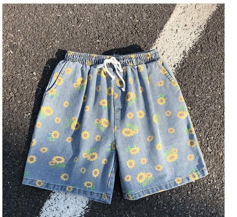 Casual Sun Flower Pattern Denim Men Shorts Pants