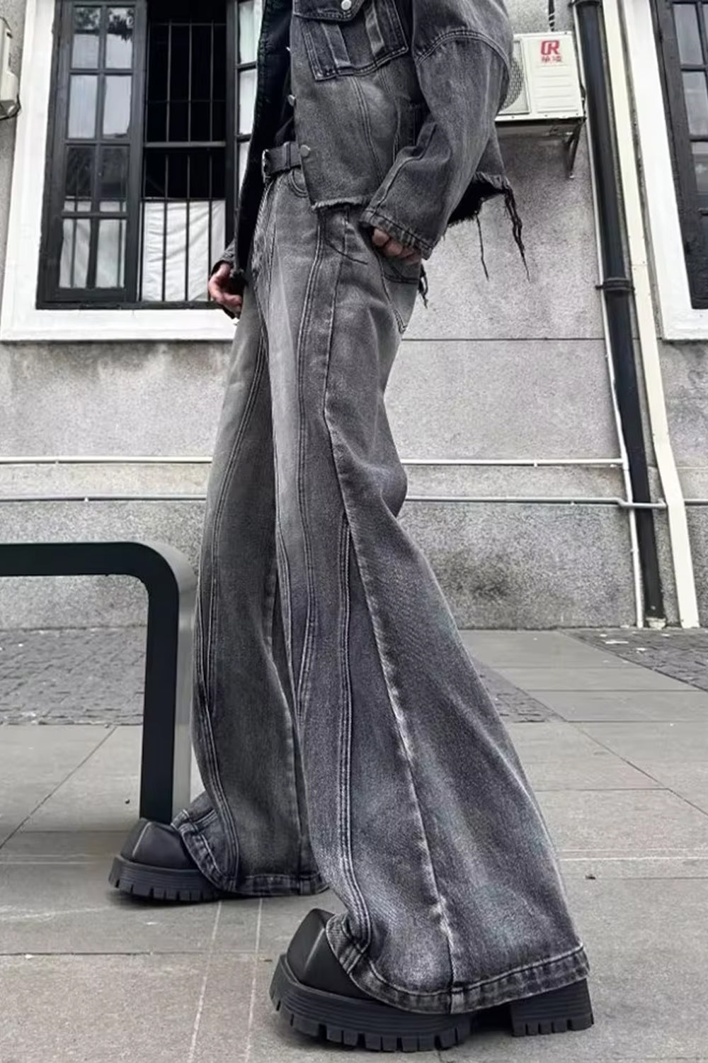 Retro Flare Style Washed Grey Jeans Pants