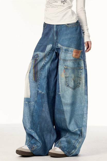 High Street Vintage Patchwork Print Wide-Leg Jeans