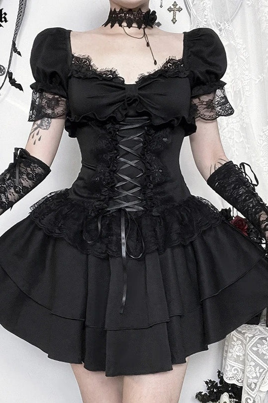 Dark Gothic Lace Trim Puff Sleeve Square Neck A-line Mini Dress