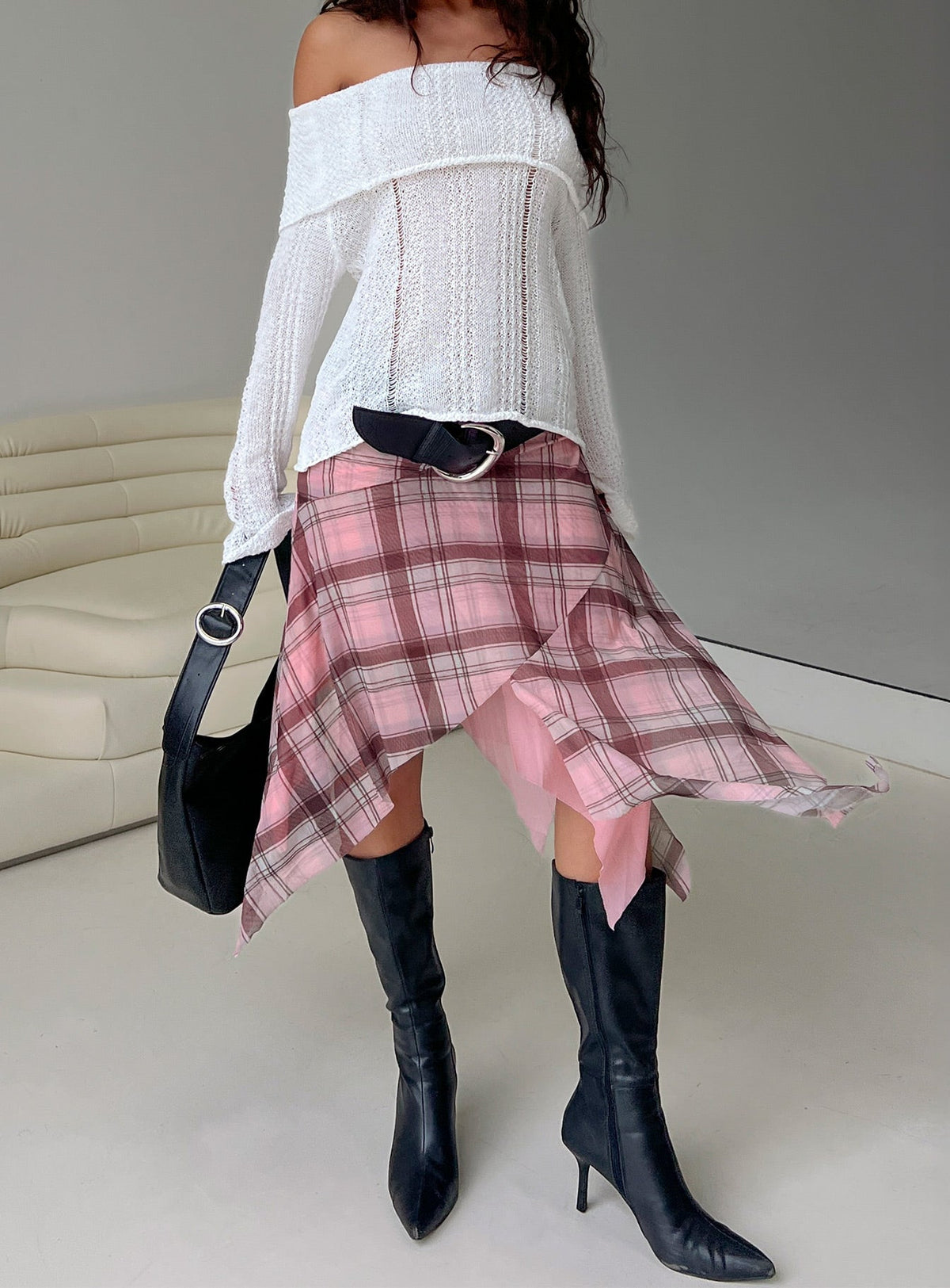 Anali Asymmetrical Midi Skirt Pink / Multi Check