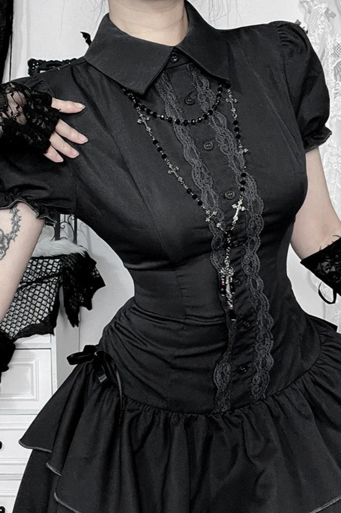 Dark Gothic Lace Patchwork High Waist Bow A-line Mini Dress
