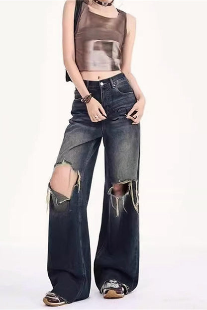 Vintage Distressed Raw Hem Low-Rise Wide-Leg Jeans