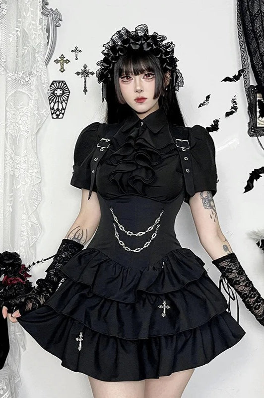 Dark Gothic Chain High Waist Sleeveless Cake Mini Dress