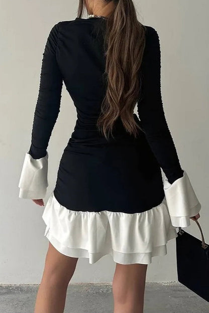 Contrast Ruffled Ruched High Waist Slim Mini Dress