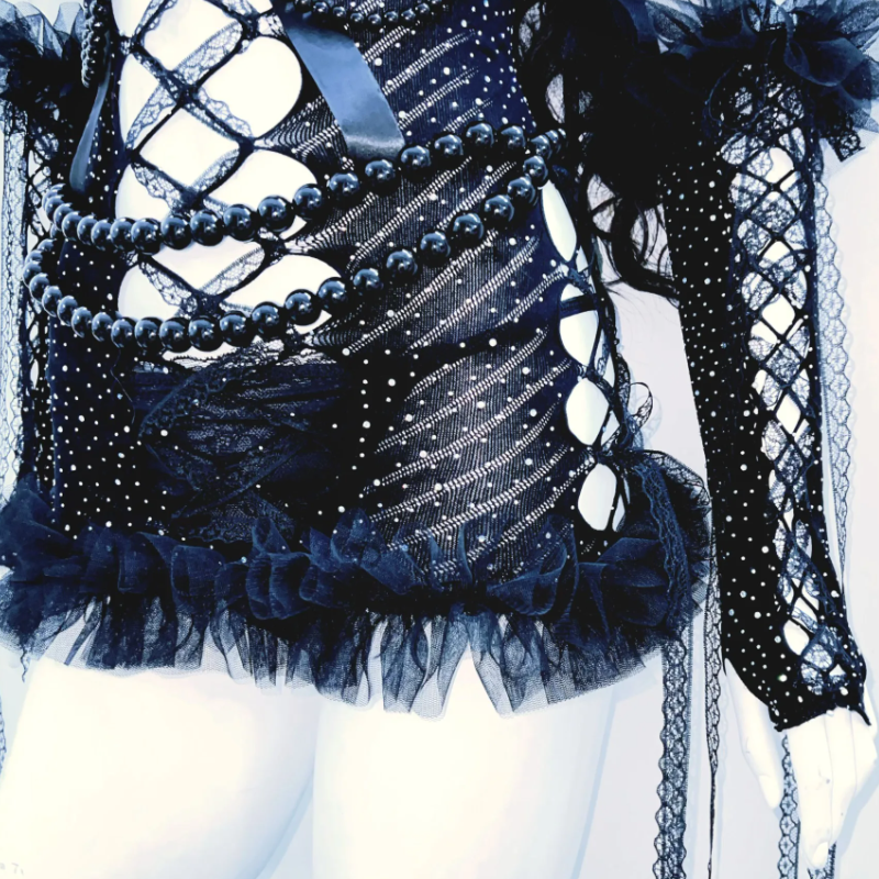 Hollow out beaded bowknot gloves ruffle mini dress  | Festival Outfits Women