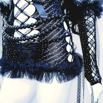 Hollow out beaded bowknot gloves ruffle mini dress  | Festival Outfits Women