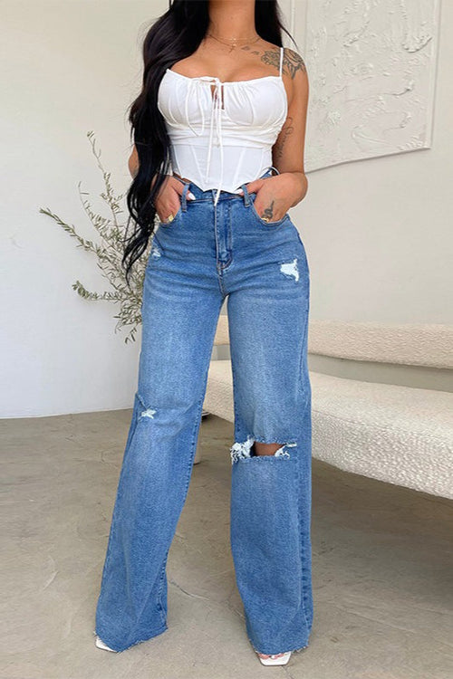 High-Waisted Ripped Wide-Leg Frayed Denim Jeans