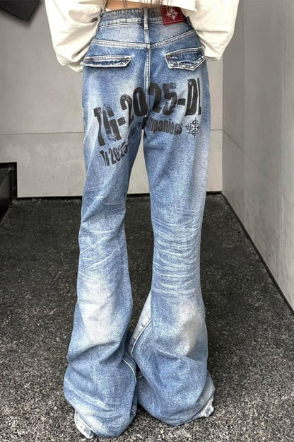 Premium Graphic Print Blue Stretch Slim Flare Jeans