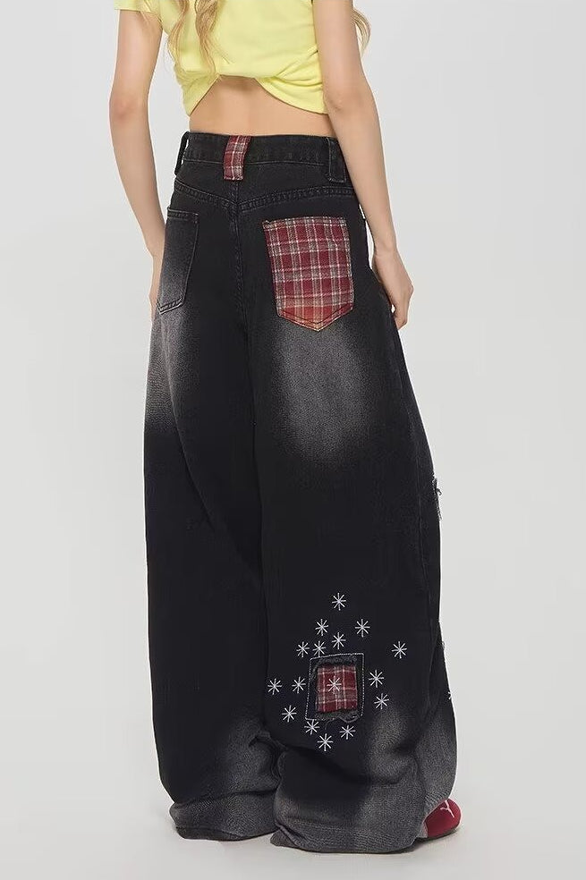 Vintage Plaid Patchwork Distressed Wide-Leg Jeans