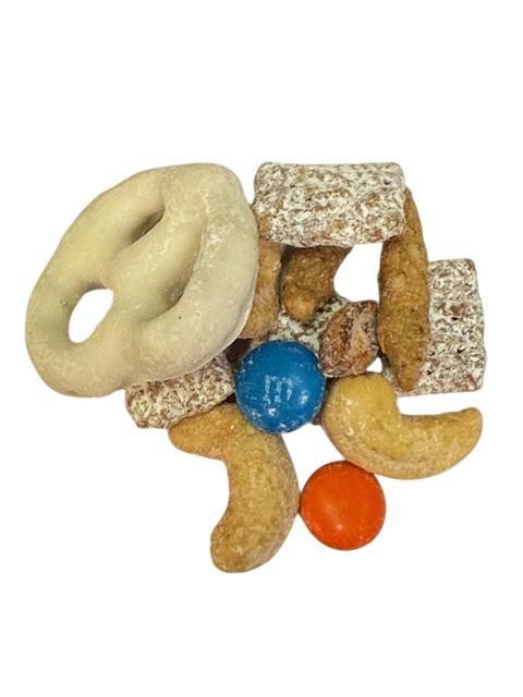 7th Street Everyday Trail Mix Includes Butter toasted peanuts, roasted salted whole cashews, salted sesame sticks, M&Ms, White chocolate pretzels, and peanut butter monkey munch.