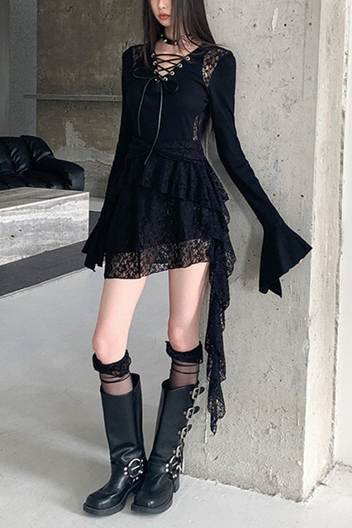 Dark Punk Gothic Lace Patchwork Ruffled Mini Dress