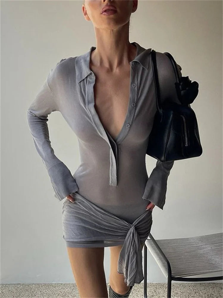Lapel Pleated See-Through Mini Dress