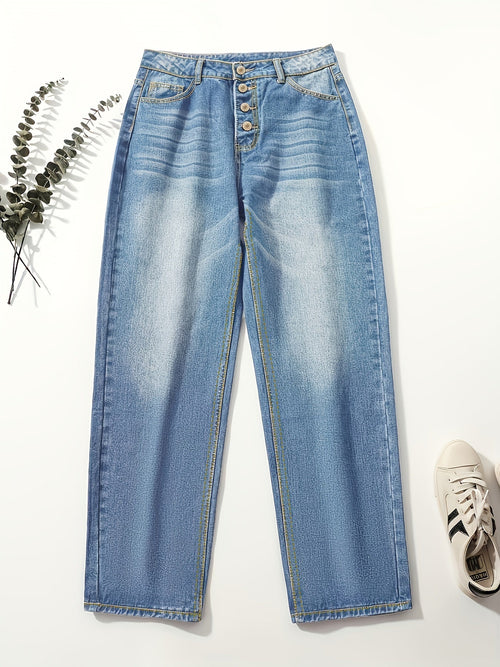 Women's Straight Leg Baggy Jeans with Slash Pockets | Great for Everyday Wear