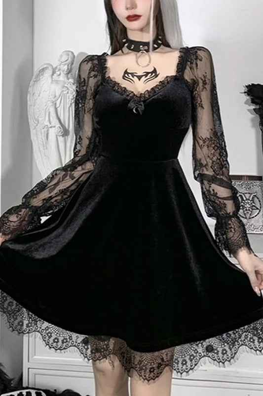 Dark Gothic Solid Color Bandeau Long - sleeved Lace - stitched Mini Dress