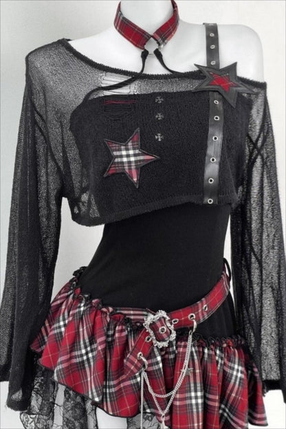 Asymmetrical Plaid Patchwork Hollow Out Mini Dress