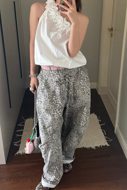 Vintage Distressed Leopard Wide-Leg Jeans